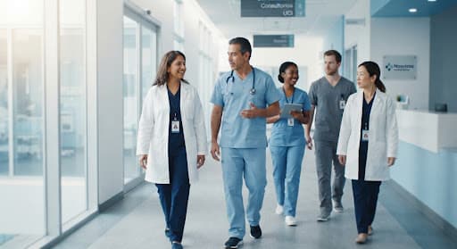 Equipo médico caminando juntos